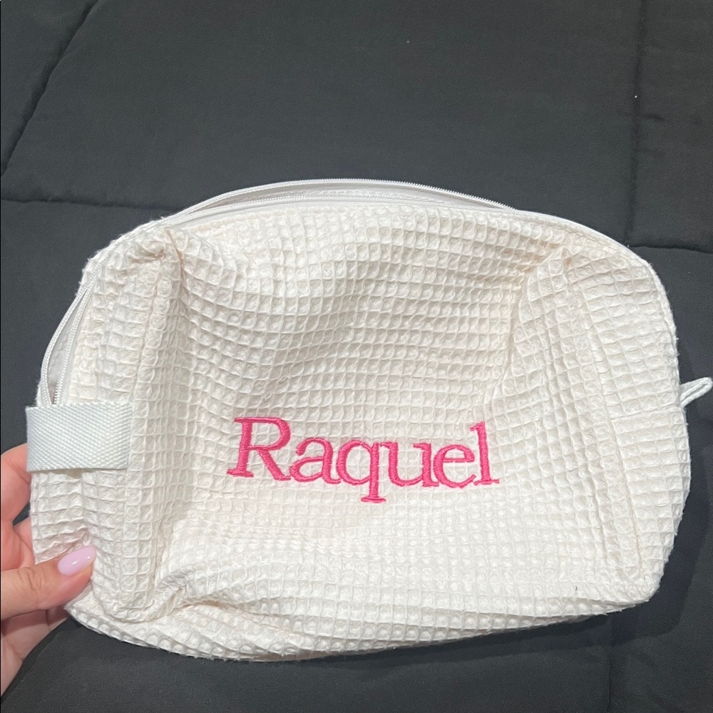 White Waffle Cosmetic Bag with Pink Embroidery